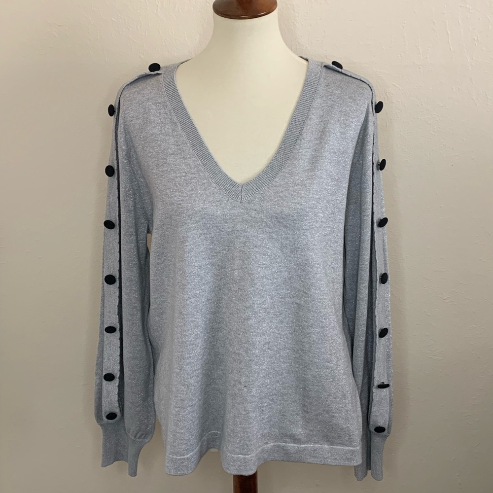Karl Lagerfeld Metallic V-Neck Sweater Long Sleeve Buttons Silver Size XL